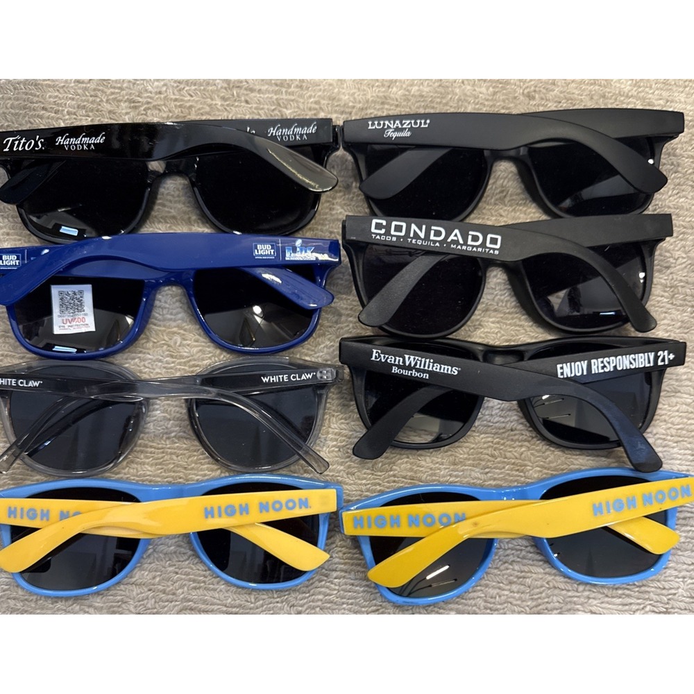 Lot of 8 NEW Logo Sunglasses: Tito's, BudLight,HighNoon,WhiteClaw,Condado,++